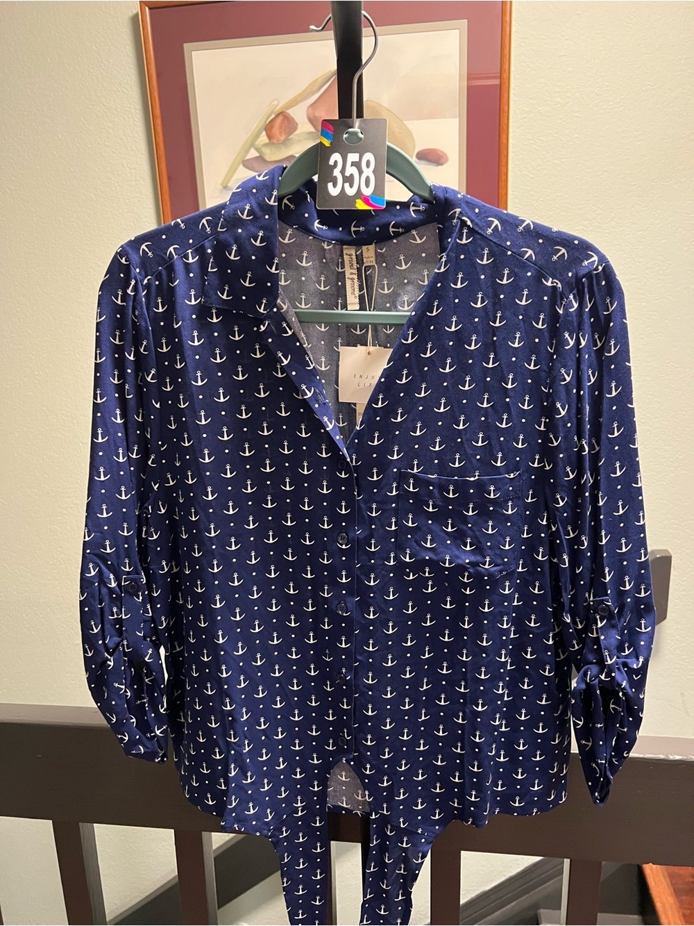 NWT Navy Anchor Print Button-Up Blouse Toe Bottom, 3/4 Sleeves #358